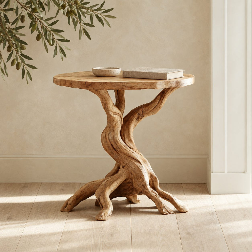 Rustic Round End Table on Twisted Driftwood Base, Solid Wood Accent Side Table with Root Feet