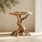 Rustic Round End Table on Twisted Driftwood Base, Solid Wood Accent Side Table with Root Feet