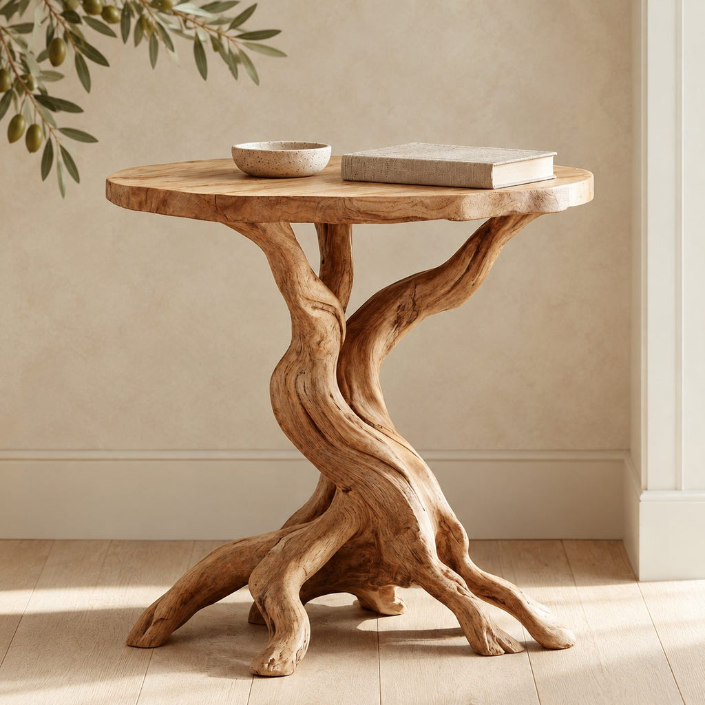 Rustic Round End Table on Twisted Driftwood Base, Solid Wood Accent Side Table with Root Feet