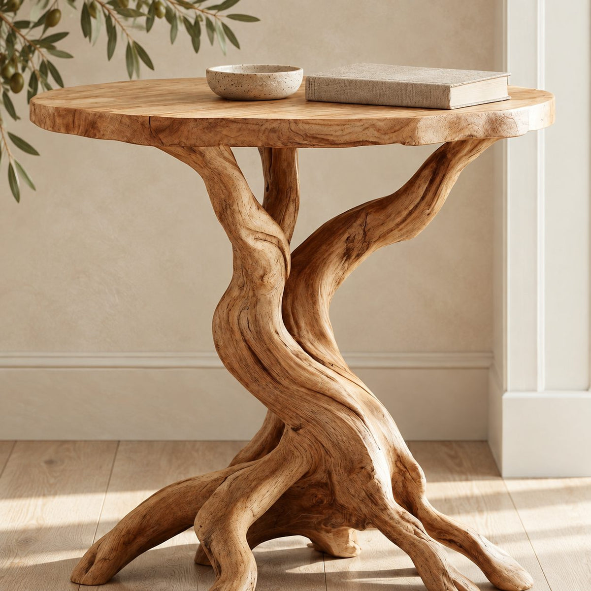 Rustic Round End Table on Twisted Driftwood Base, Solid Wood Accent Side Table with Root Feet