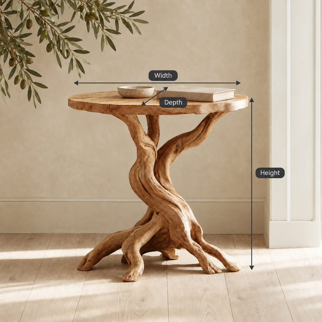 Rustic Round End Table on Twisted Driftwood Base, Solid Wood Accent Side Table with Root Feet