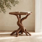 Rustic Round End Table on Twisted Driftwood Base, Solid Wood Accent Side Table with Root Feet