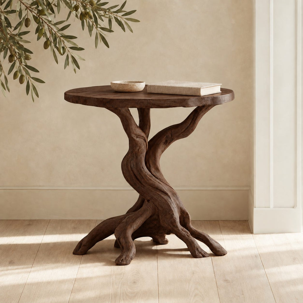 Rustic Round End Table on Twisted Driftwood Base, Solid Wood Accent Side Table with Root Feet