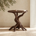 Rustic Round End Table on Twisted Driftwood Base, Solid Wood Accent Side Table with Root Feet