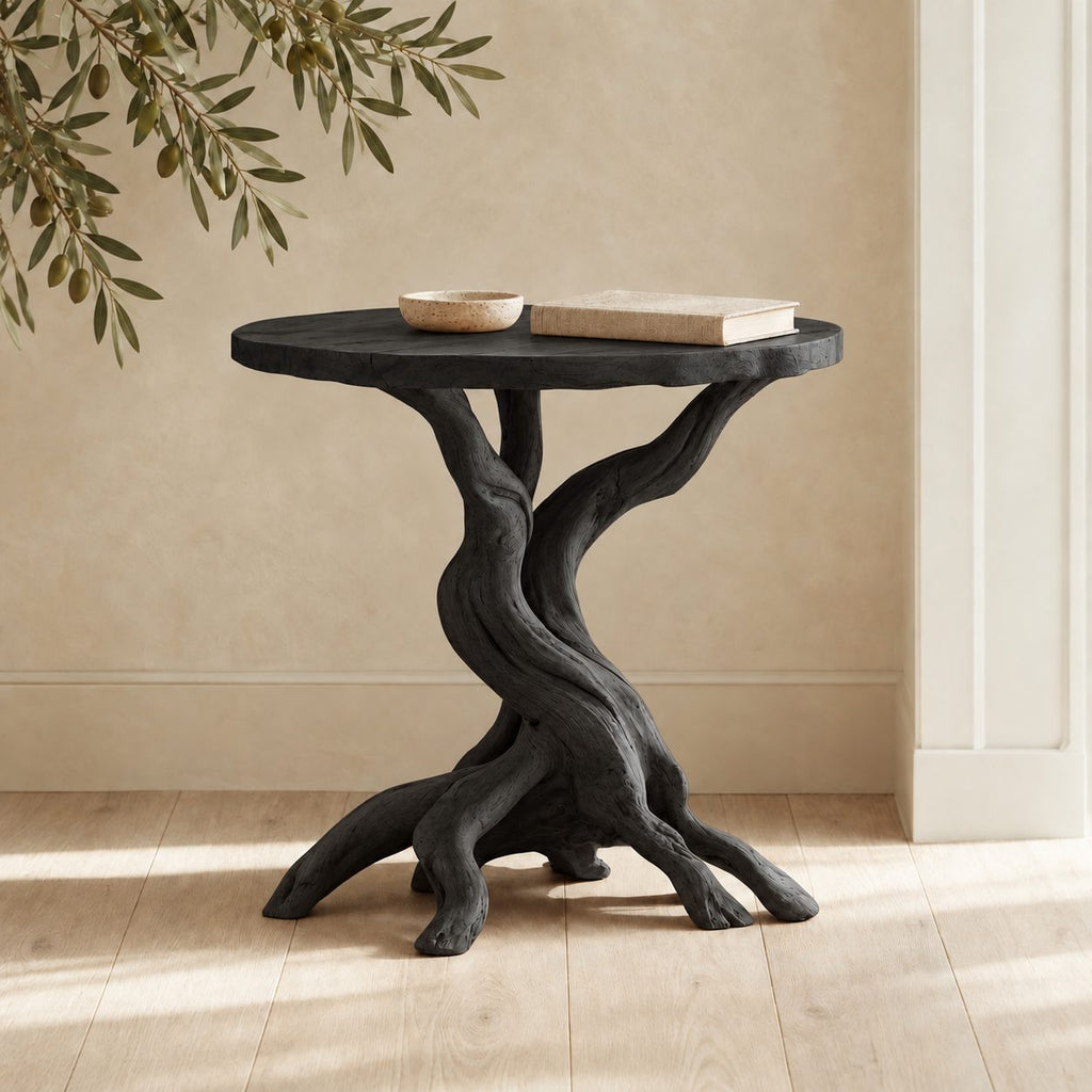Rustic Round End Table on Twisted Driftwood Base, Solid Wood Accent Side Table with Root Feet
