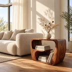 Modern Wood Side Table with Open Storage, Curved Loop Solid Wood End Table with Book Shelf for Sofa