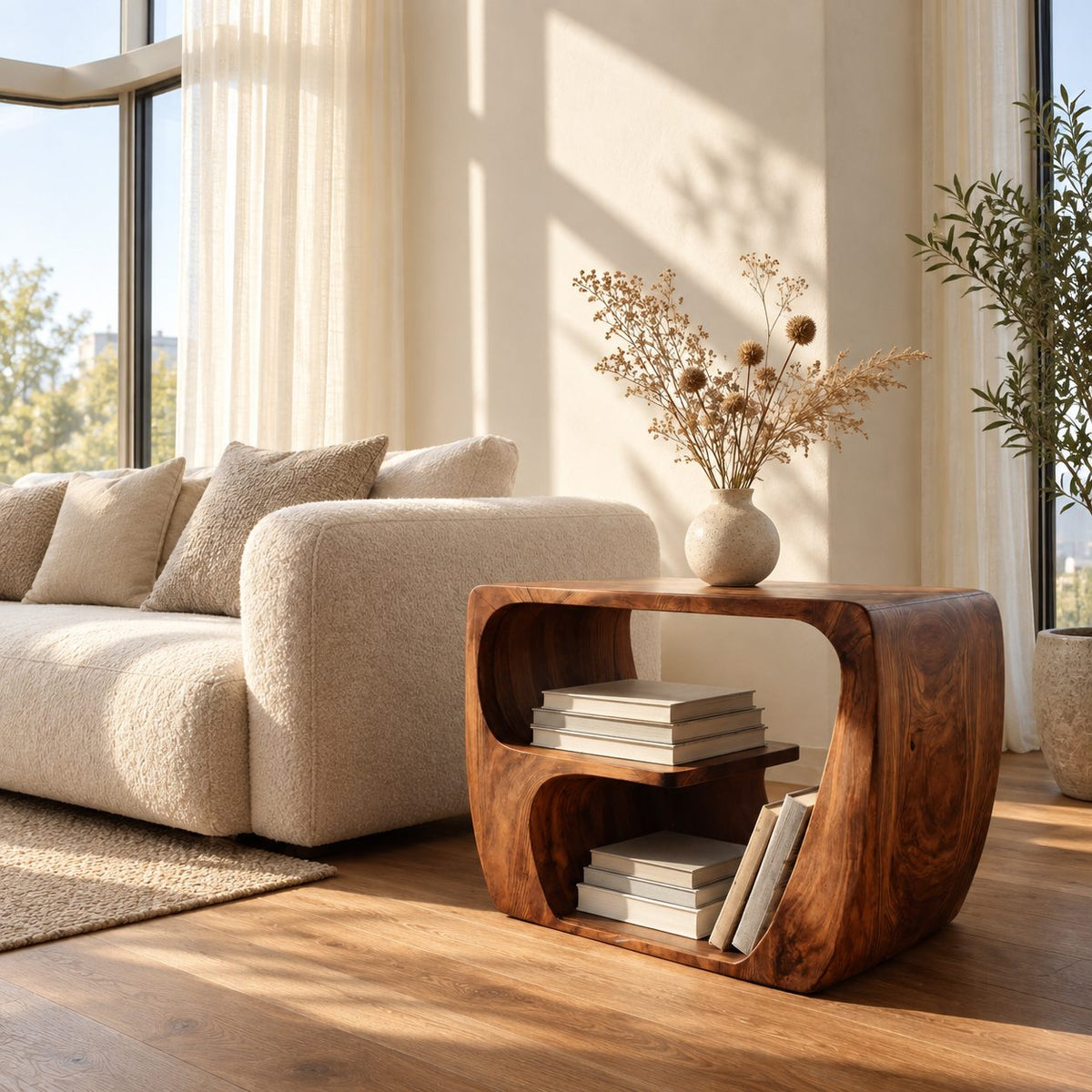 Modern Wood Side Table with Open Storage, Curved Loop Solid Wood End Table with Book Shelf for Sofa