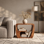 Modern Wood Side Table with Open Storage, Curved Loop Solid Wood End Table with Book Shelf for Sofa