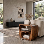 Modern Wood Side Table with Open Storage, Curved Loop Solid Wood End Table with Book Shelf for Sofa