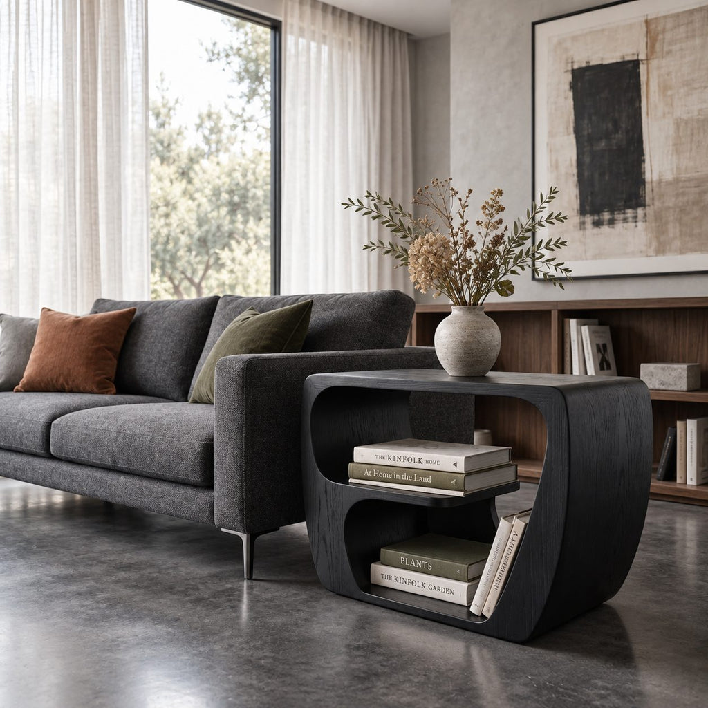 Modern Wood Side Table with Open Storage, Curved Loop Solid Wood End Table with Book Shelf for Sofa