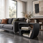 Modern Wood Side Table with Open Storage, Curved Loop Solid Wood End Table with Book Shelf for Sofa