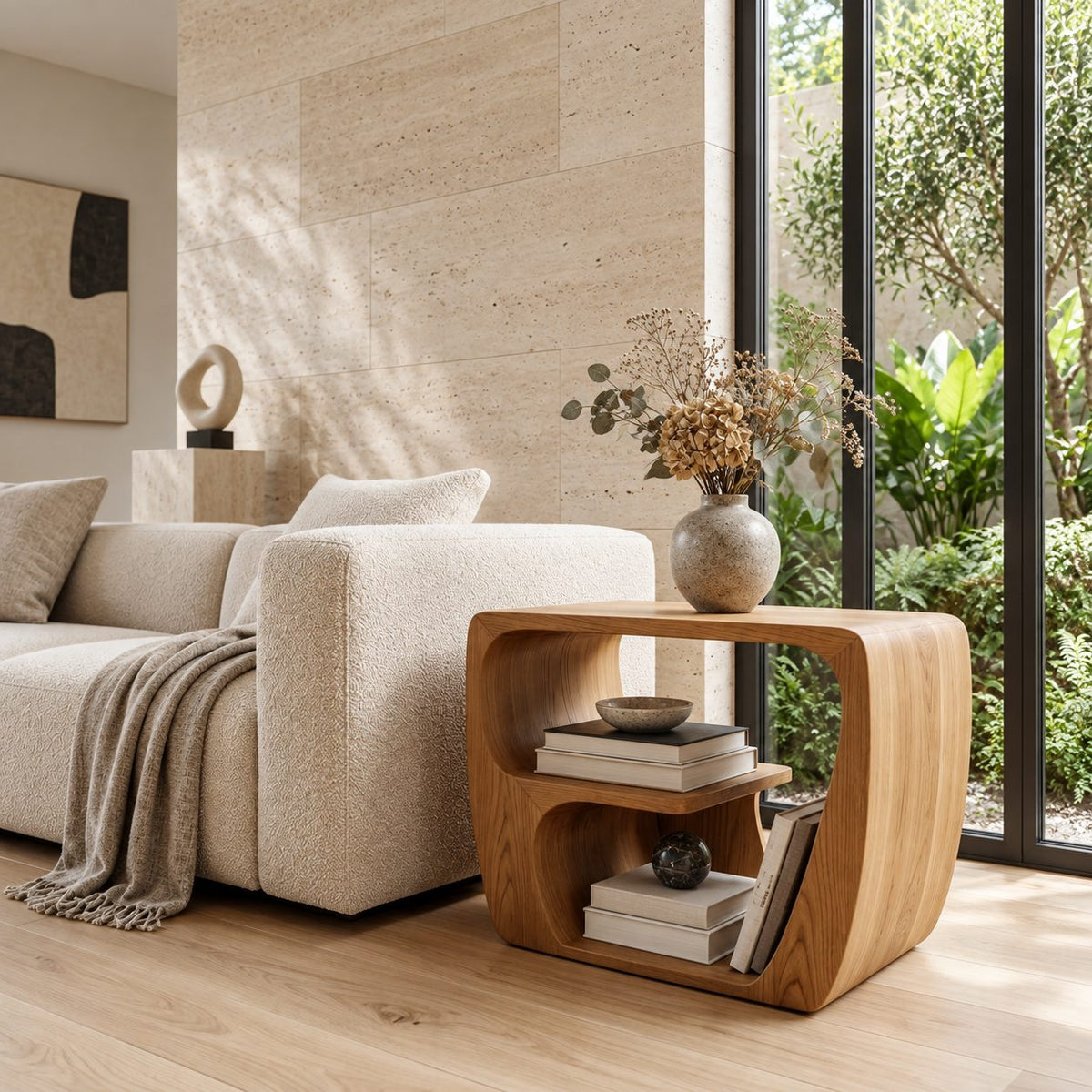 Modern Wood Side Table with Open Storage, Curved Loop Solid Wood End Table with Book Shelf for Sofa
