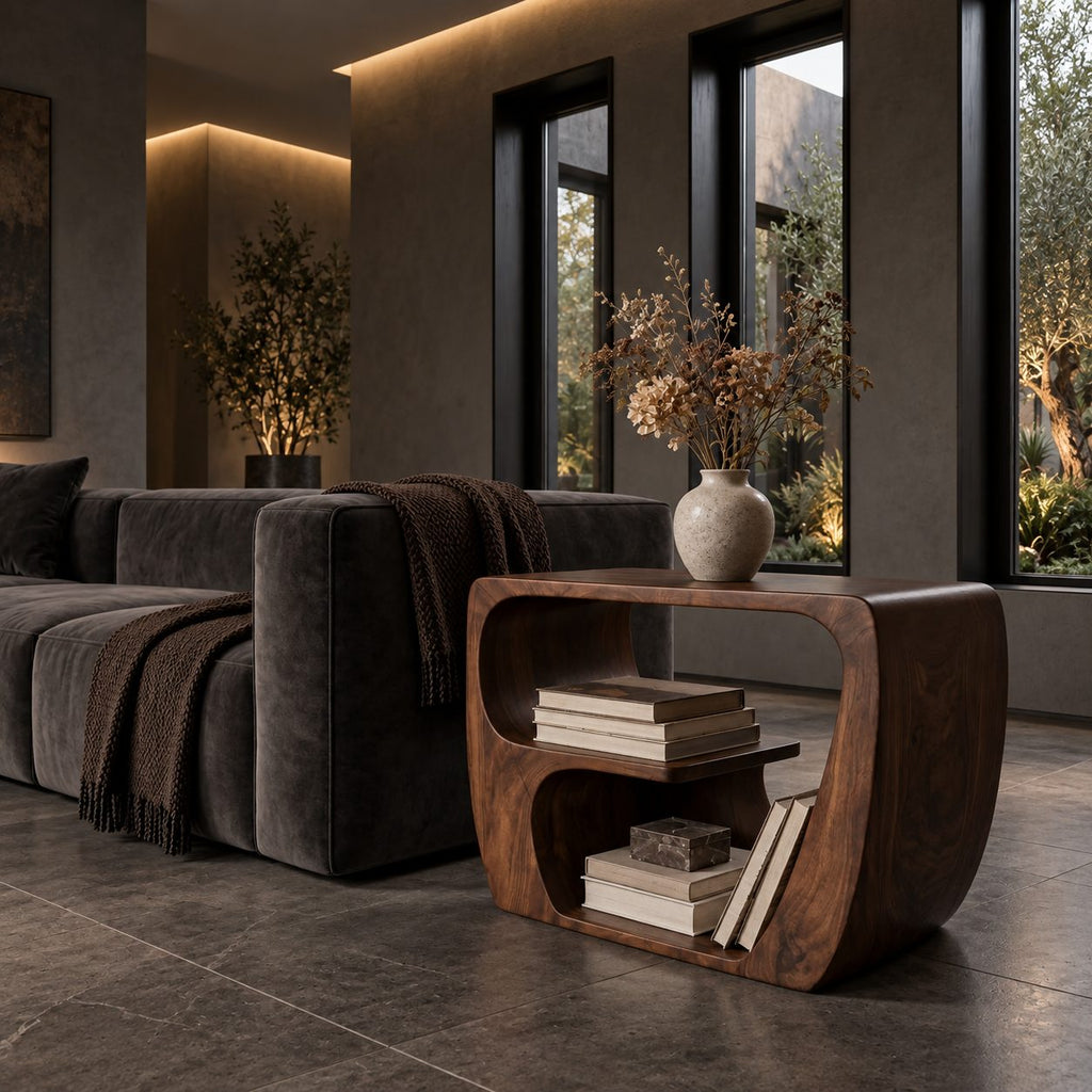 Modern Wood Side Table with Open Storage, Curved Loop Solid Wood End Table with Book Shelf for Sofa