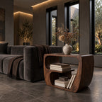 Modern Wood Side Table with Open Storage, Curved Loop Solid Wood End Table with Book Shelf for Sofa