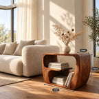 Modern Wood Side Table with Open Storage, Curved Loop Solid Wood End Table with Book Shelf for Sofa