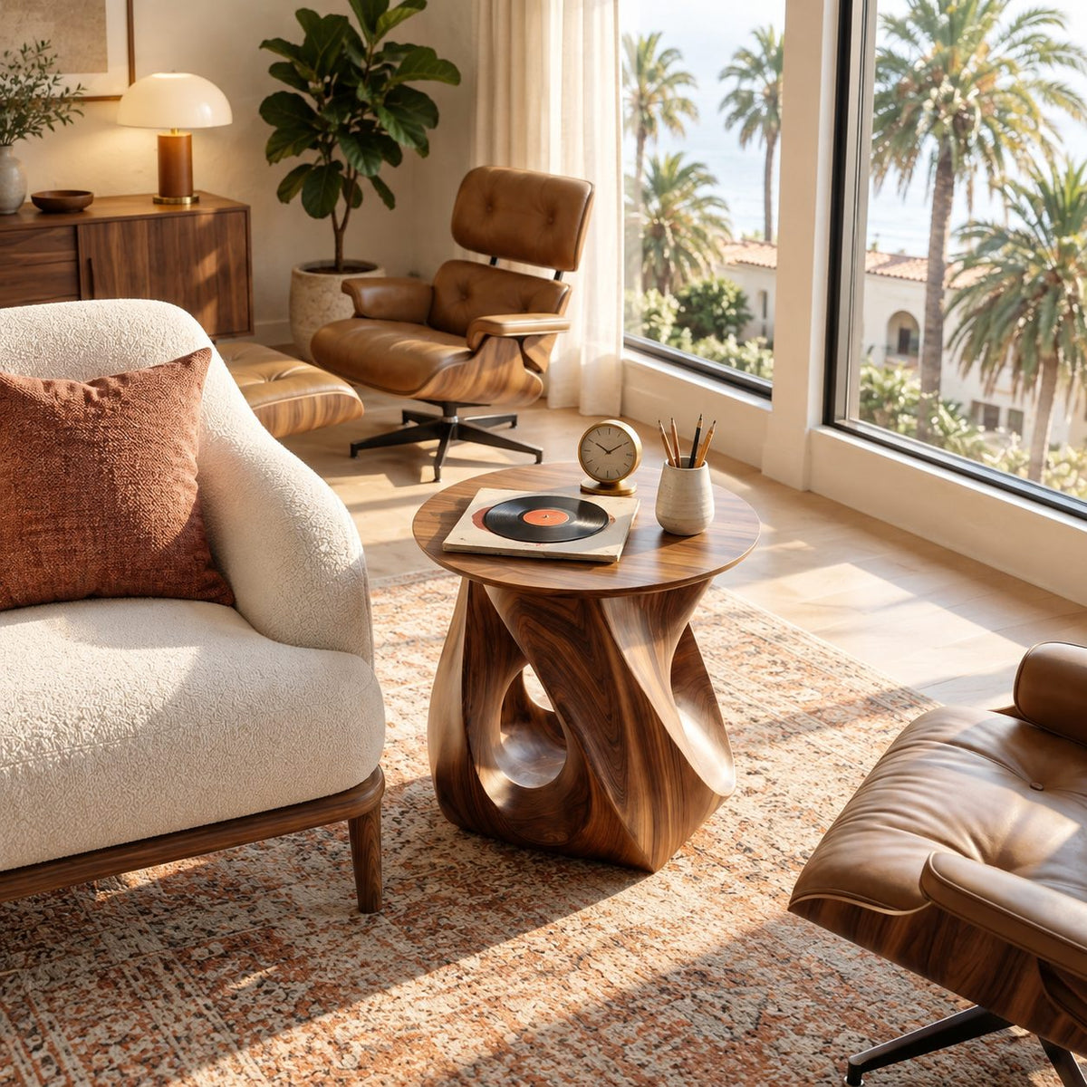 Twisted Solid Wood Side Table, Modern Organic Round Accent Table for Living Room or Bedroom