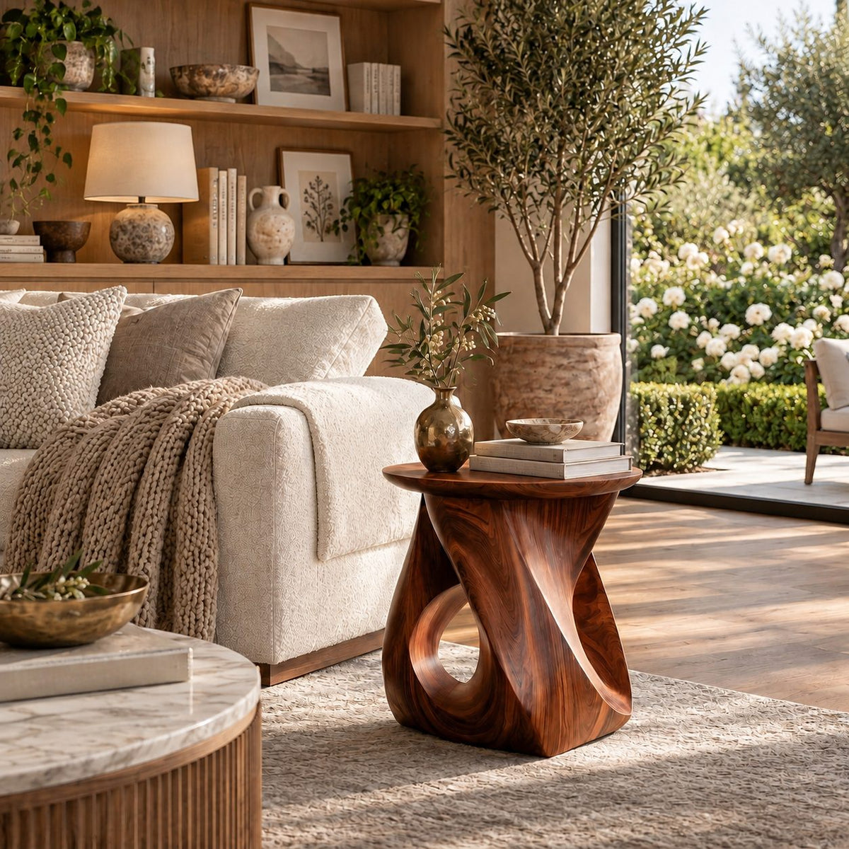 Twisted Solid Wood Side Table, Modern Organic Round Accent Table for Living Room or Bedroom