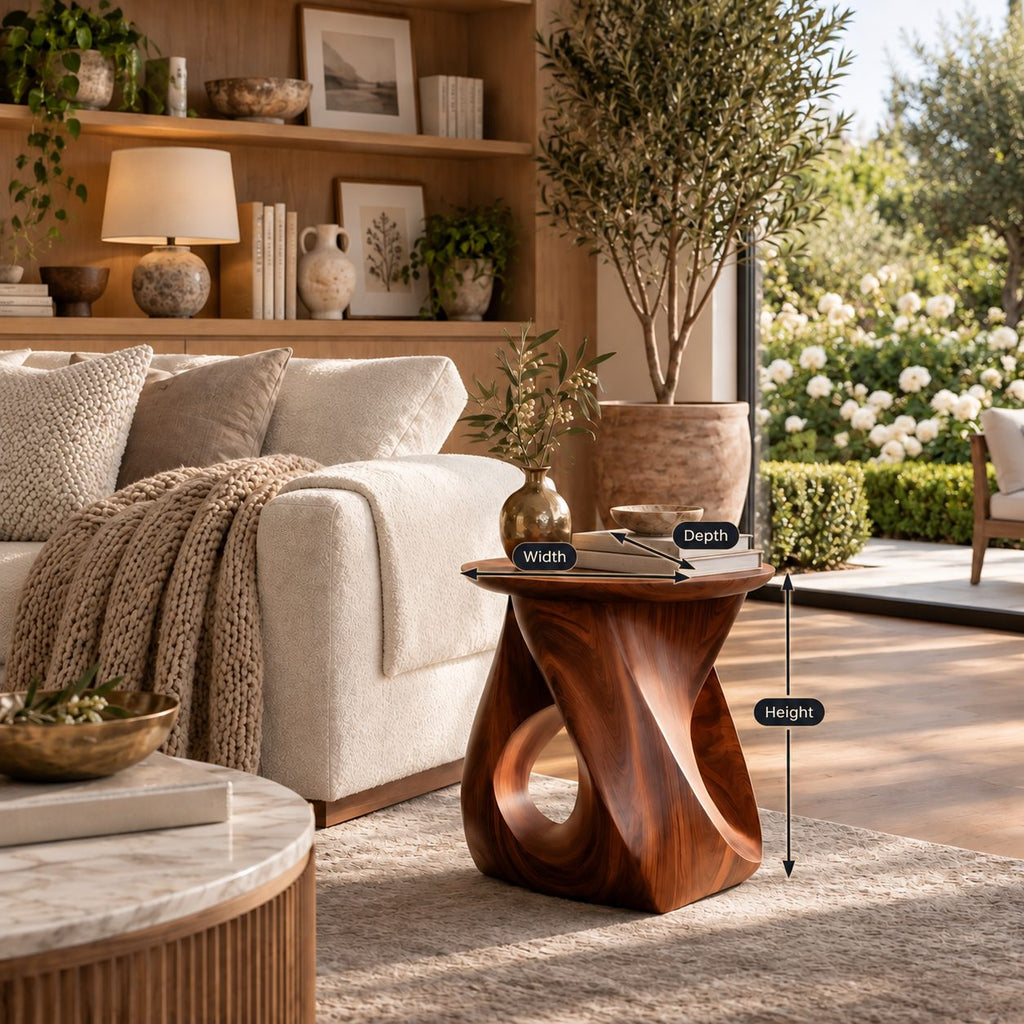 Twisted Solid Wood Side Table, Modern Organic Round Accent Table for Living Room or Bedroom