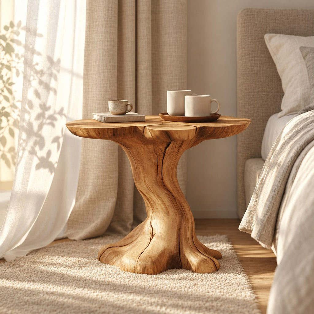 Tree Trunk Nightstand with Natural Edge Round Top, Sculptural Solid Wood Bedside Table for Bedroom