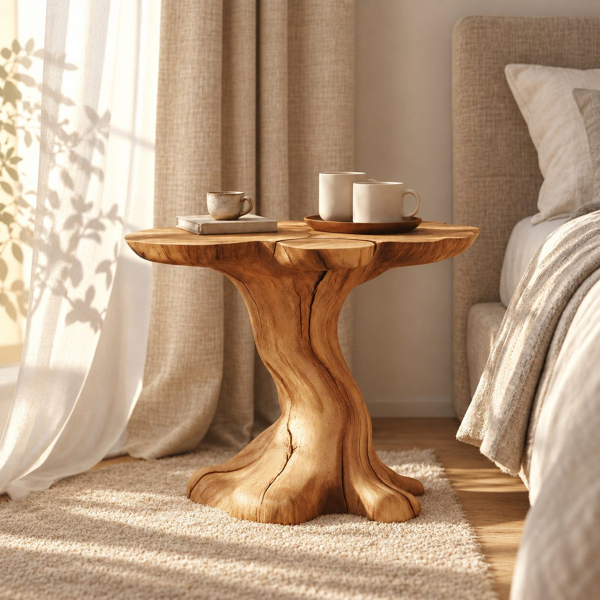 Tree Trunk Nightstand with Natural Edge Round Top, Sculptural Solid Wood Bedside Table for Bedroom