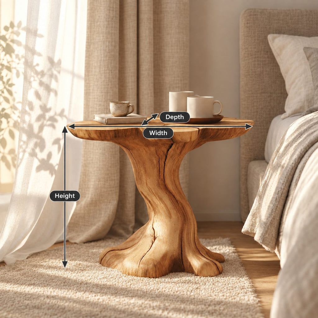 Tree Trunk Nightstand with Natural Edge Round Top, Sculptural Solid Wood Bedside Table for Bedroom