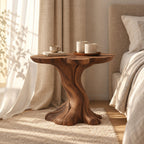 Tree Trunk Nightstand with Natural Edge Round Top, Sculptural Solid Wood Bedside Table for Bedroom
