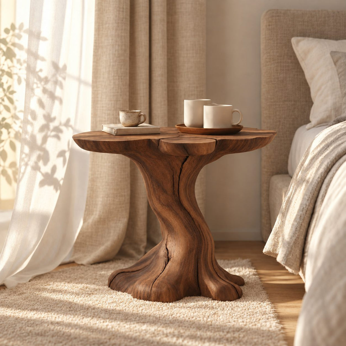 Tree Trunk Nightstand with Natural Edge Round Top, Sculptural Solid Wood Bedside Table for Bedroom