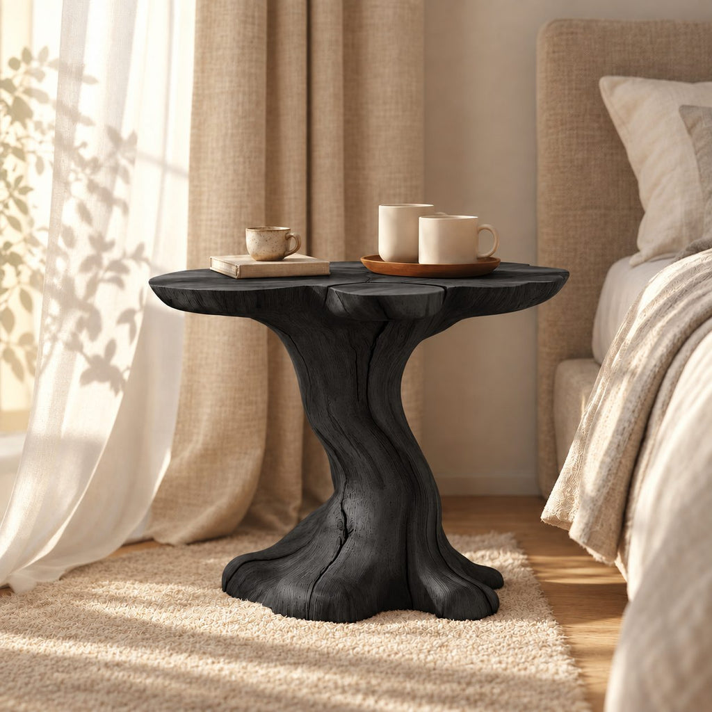 Tree Trunk Nightstand with Natural Edge Round Top, Sculptural Solid Wood Bedside Table for Bedroom