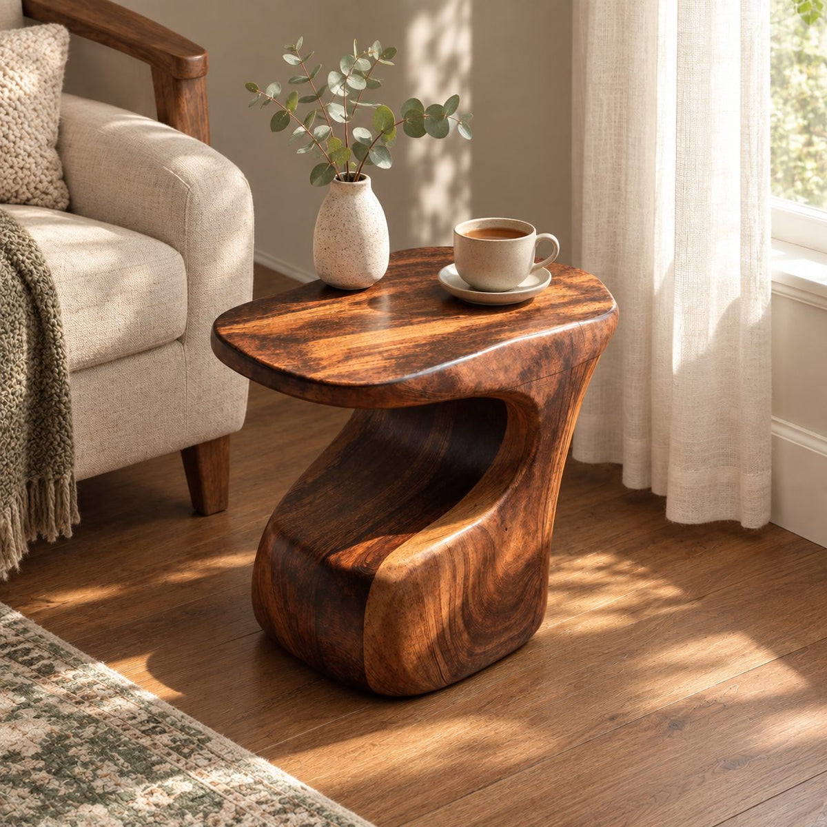 Carved C-Shape Side Table with Free-Form Top, Sculptural Solid Wood End Table for Sofa and Armchair