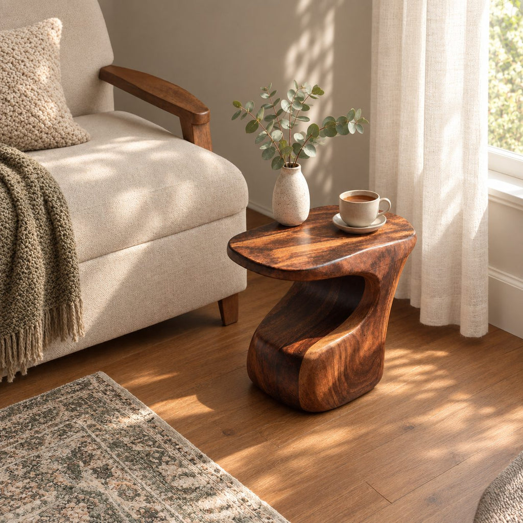 Carved C-Shape Side Table with Free-Form Top, Sculptural Solid Wood End Table for Sofa and Armchair