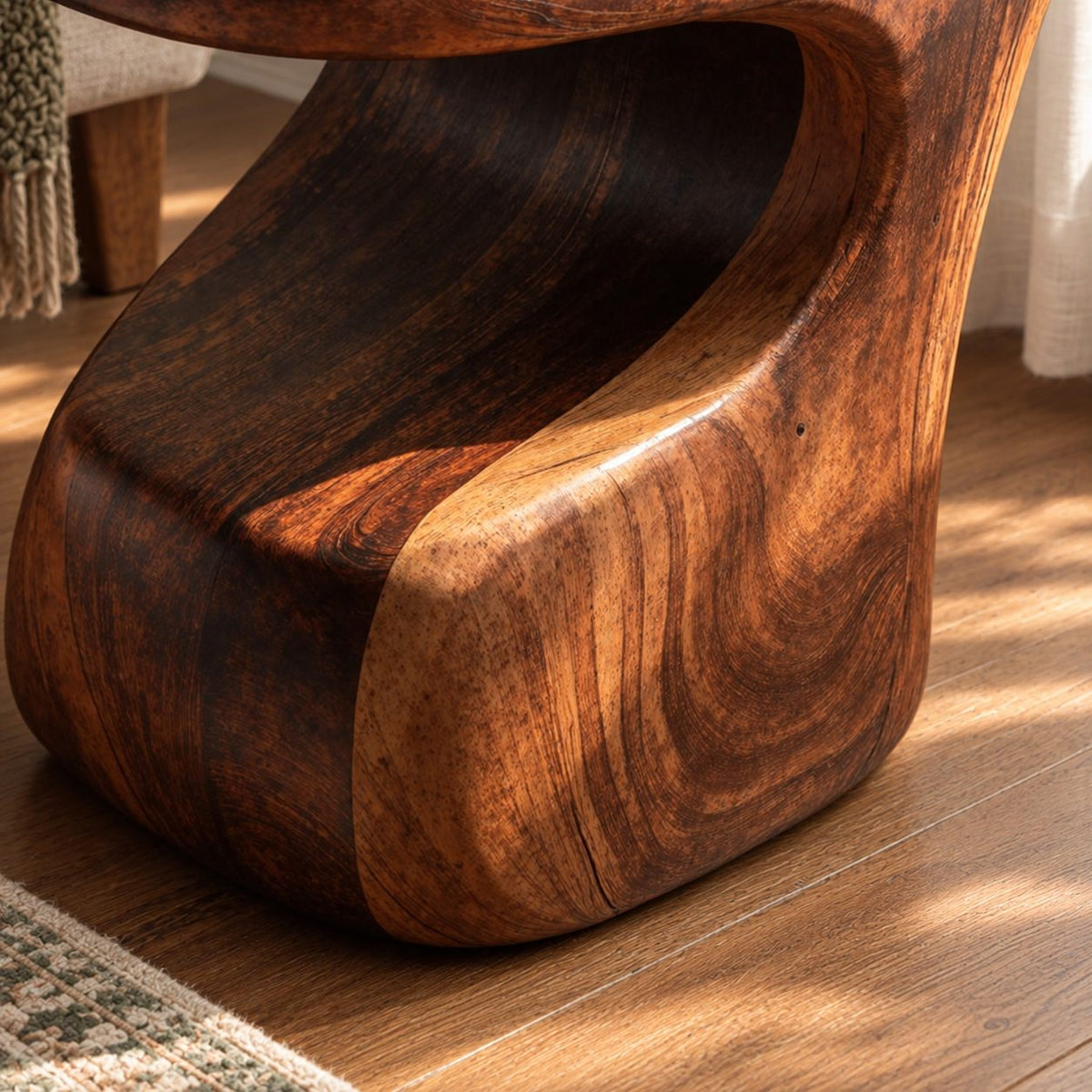 Carved C-Shape Side Table with Free-Form Top, Sculptural Solid Wood End Table for Sofa and Armchair