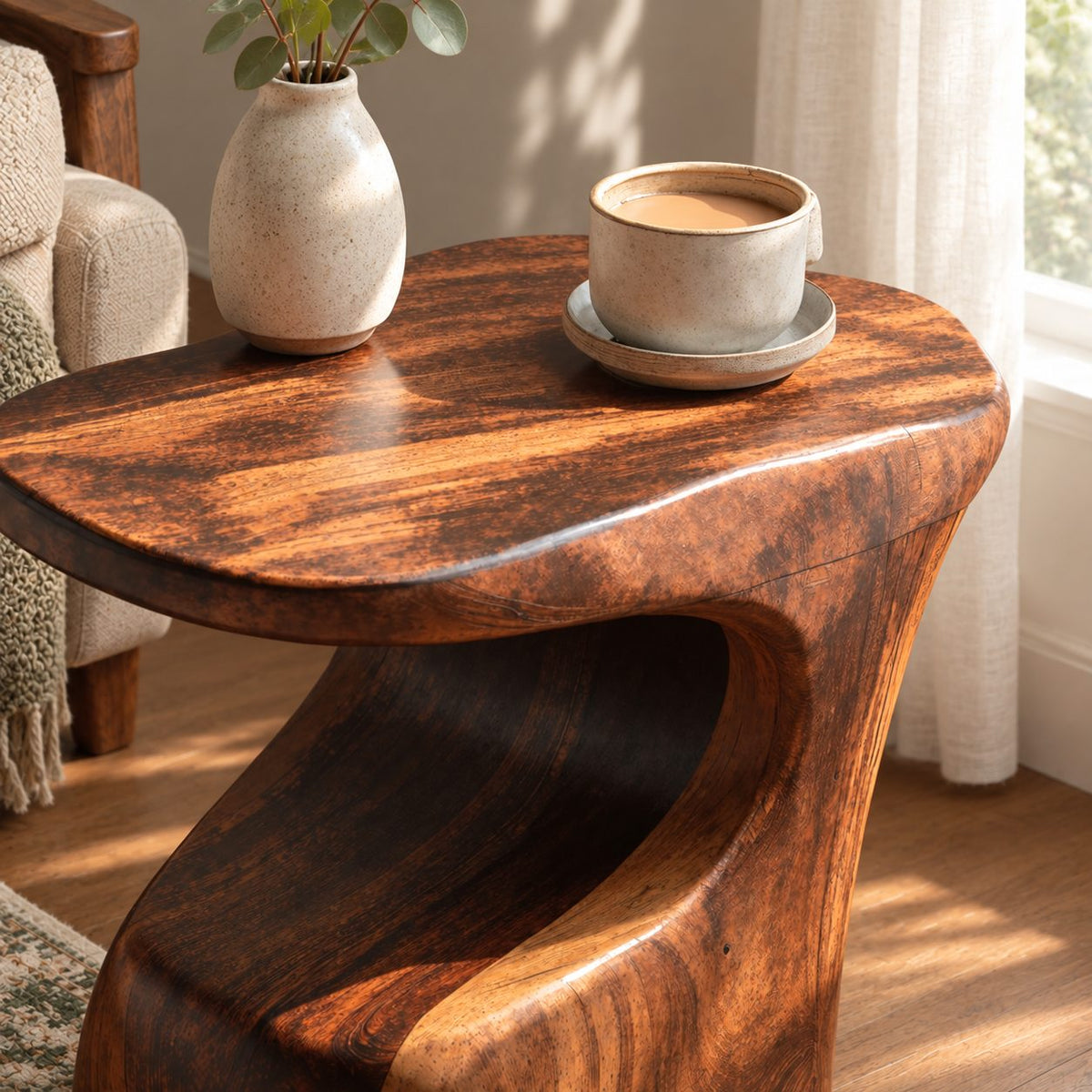 Carved C-Shape Side Table with Free-Form Top, Sculptural Solid Wood End Table for Sofa and Armchair