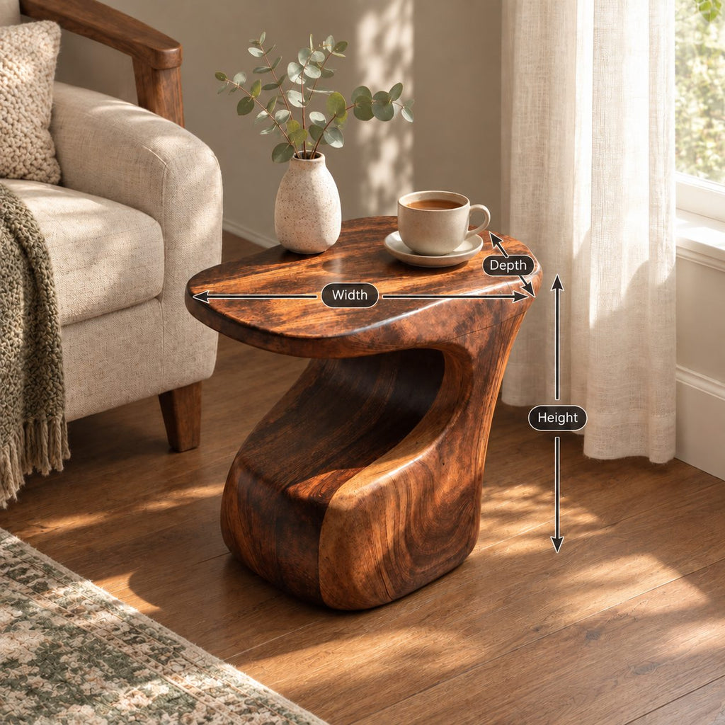 Carved C-Shape Side Table with Free-Form Top, Sculptural Solid Wood End Table for Sofa and Armchair