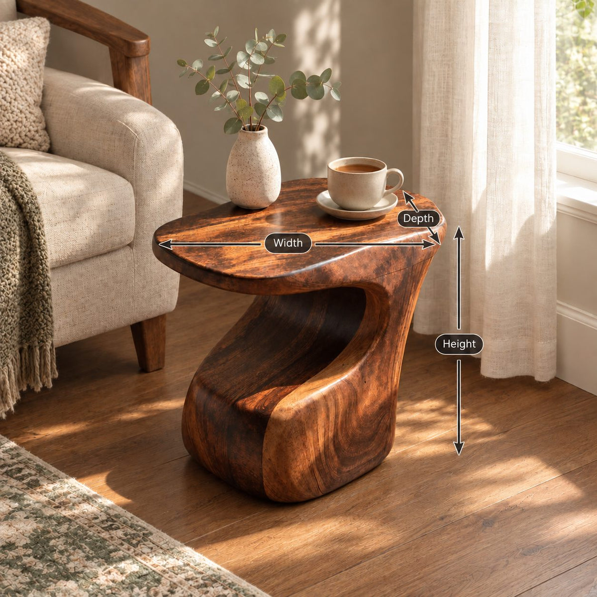 Carved C-Shape Side Table with Free-Form Top, Sculptural Solid Wood End Table for Sofa and Armchair