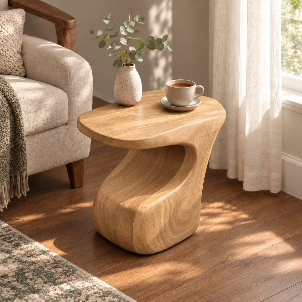Carved C-Shape Side Table with Free-Form Top, Sculptural Solid Wood End Table for Sofa and Armchair
