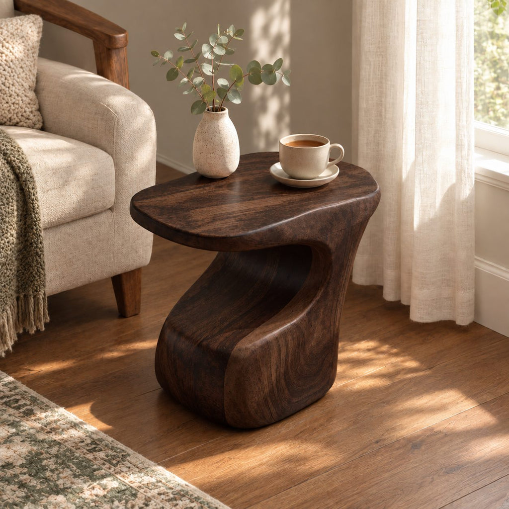 Carved C-Shape Side Table with Free-Form Top, Sculptural Solid Wood End Table for Sofa and Armchair