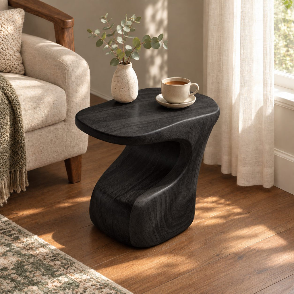 Carved C-Shape Side Table with Free-Form Top, Sculptural Solid Wood End Table for Sofa and Armchair