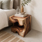 Carved Wood Block Nightstand with Open Niche, Solid Wood Cube Bedside Table for Bedroom
