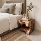 Carved Wood Block Nightstand with Open Niche, Solid Wood Cube Bedside Table for Bedroom