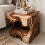 Carved Wood Block Nightstand with Open Niche, Solid Wood Cube Bedside Table for Bedroom