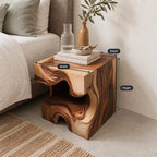 Carved Wood Block Nightstand with Open Niche, Solid Wood Cube Bedside Table for Bedroom