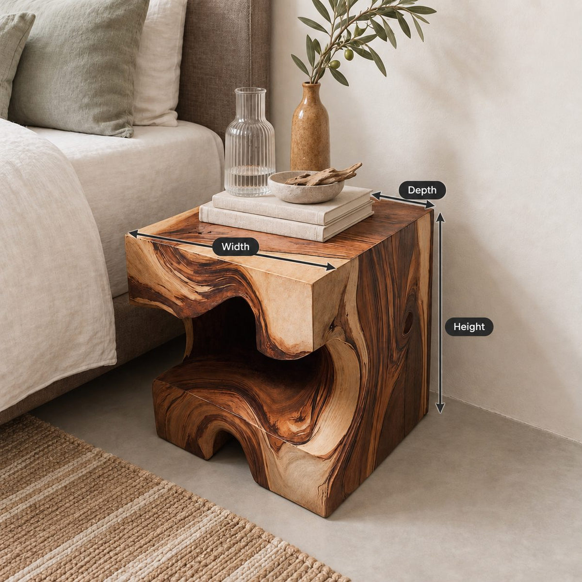 Carved Wood Block Nightstand with Open Niche, Solid Wood Cube Bedside Table for Bedroom