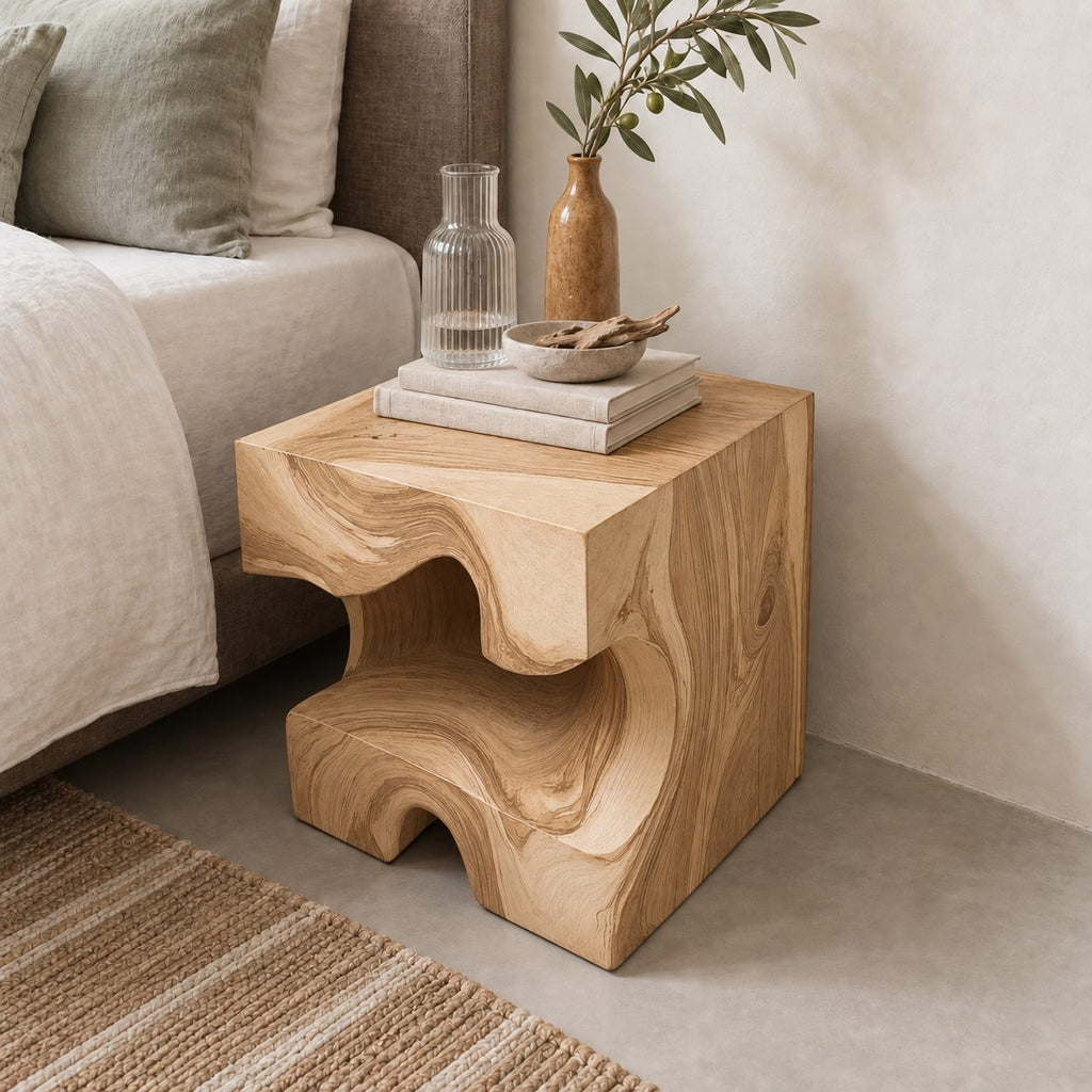 Carved Wood Block Nightstand with Open Niche, Solid Wood Cube Bedside Table for Bedroom
