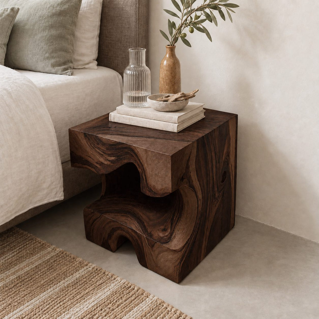 Carved Wood Block Nightstand with Open Niche, Solid Wood Cube Bedside Table for Bedroom