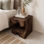Carved Wood Block Nightstand with Open Niche, Solid Wood Cube Bedside Table for Bedroom