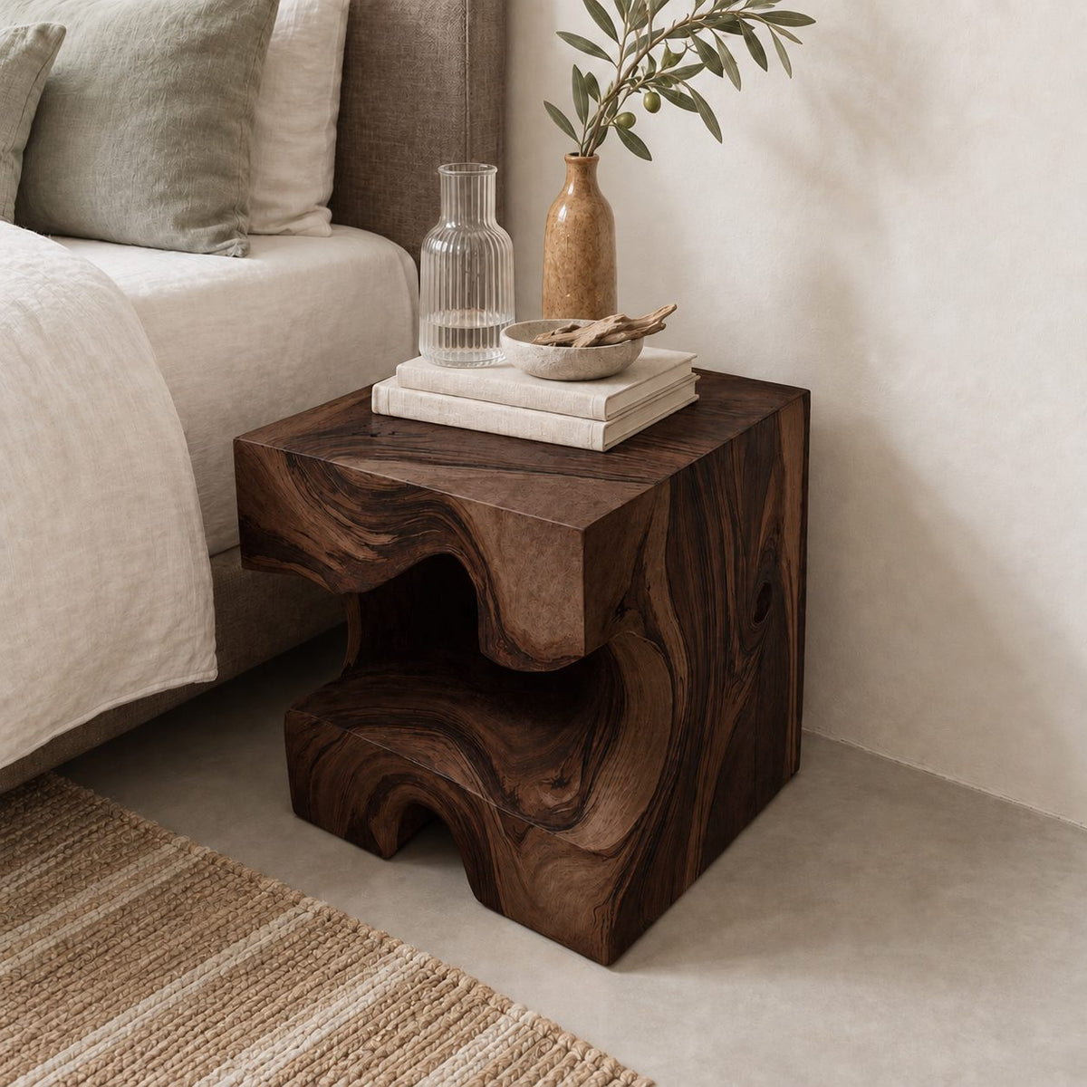 Carved Wood Block Nightstand with Open Niche, Solid Wood Cube Bedside Table for Bedroom
