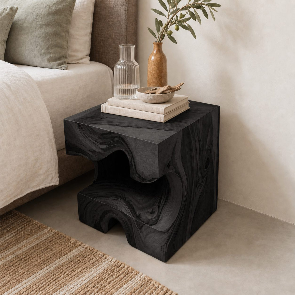 Carved Wood Block Nightstand with Open Niche, Solid Wood Cube Bedside Table for Bedroom
