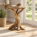 Tree Root End Table with Round Top, Carved Trunk Solid Wood Side Table for Sunroom or Living Room