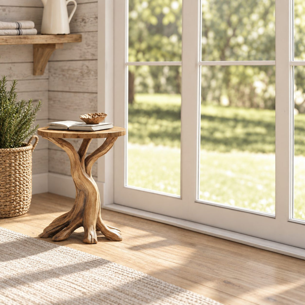 Tree Root End Table with Round Top, Carved Trunk Solid Wood Side Table for Sunroom or Living Room