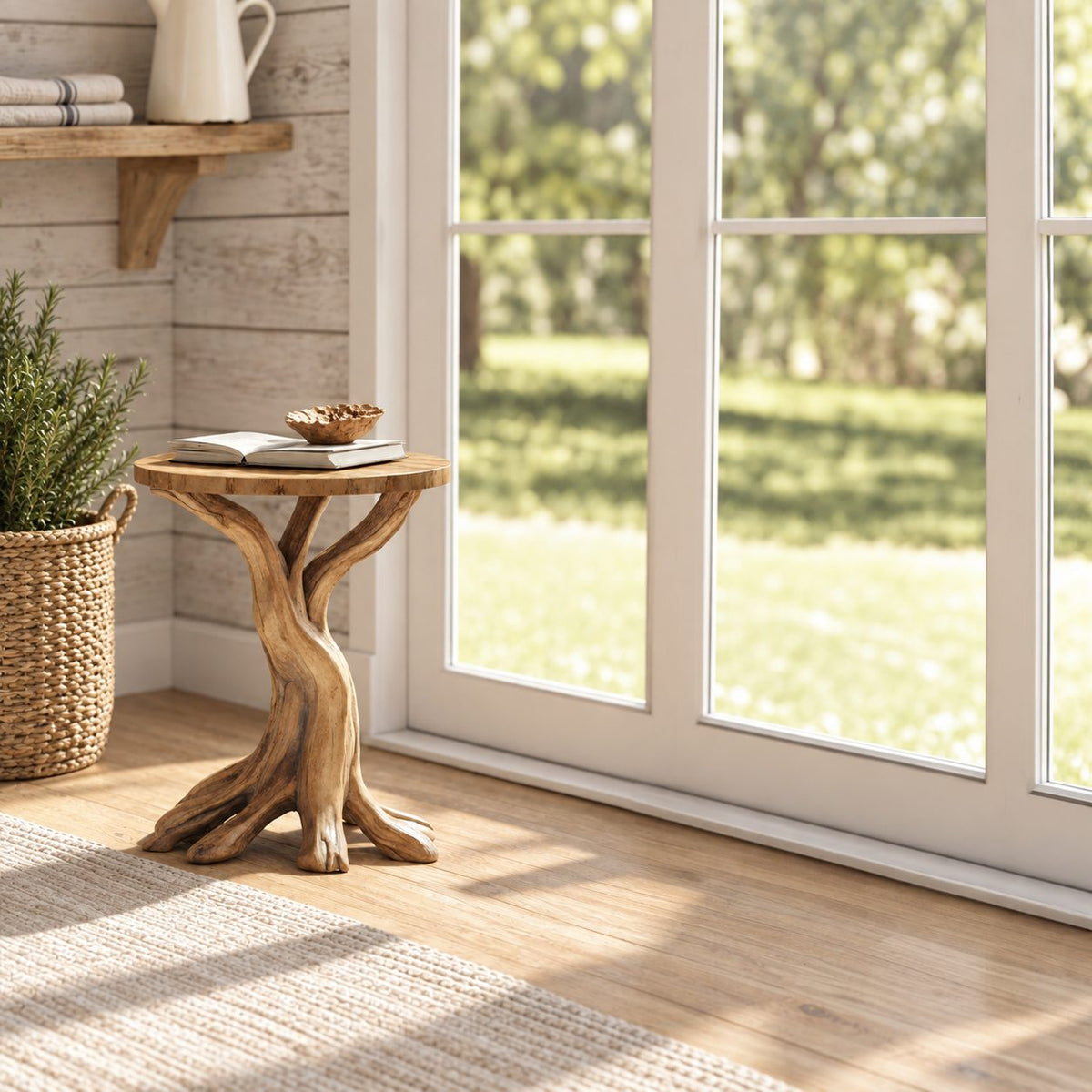 Tree Root End Table with Round Top, Carved Trunk Solid Wood Side Table for Sunroom or Living Room